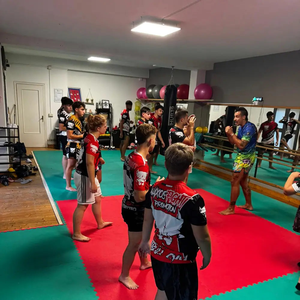Lezione di muay thai in sala, atleti schierati sul tatami