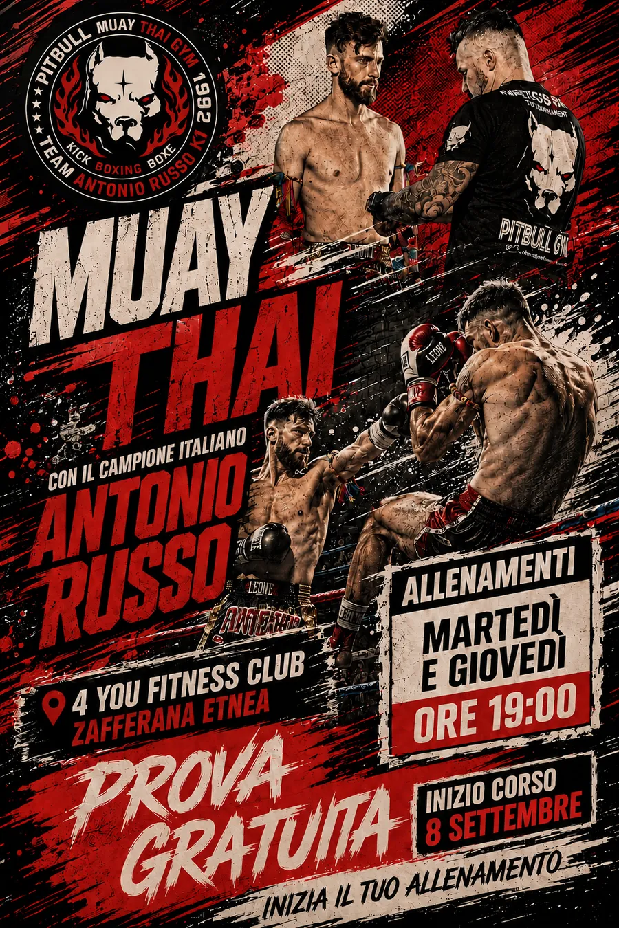 Locandina del corso di muay thai con Antonio Russo al 4 You Fitness Club di Zafferana Etnea
